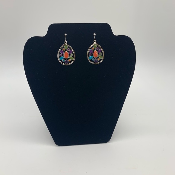 Silver Tone Colorful Enamel Rhinestones Teardrop Vtg. Dangle Drop Earrings - Picture 2 of 5